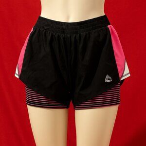 RBX Women’s 2-in-1 Running Shorts Size L – Black with Pink Accents & Striped Lin